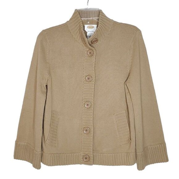 Y2K Talbots Wool Cashmere Cardigan Sweater S Tan Brown Ribbed Neck Cuffs Preppy - Picture 1 of 4